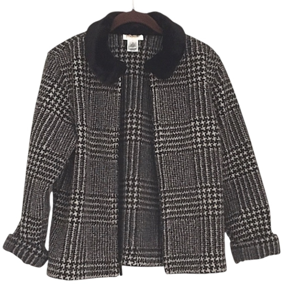 Talbots Plaid Cropped Zipper Tweed Jacket Faux Fur Collar Sz S